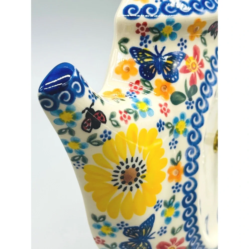 Polish Pottery Teapot Kettle Wall Mantle Clock Floral Butterfly Alla Volta